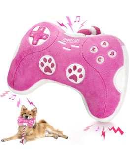 MTERSN Cute Dog Plush Toys : Squeaky Dog Toys with Crinkle Paper and Interactive Rope Toy for Tug of War - Game Controller Dog Chew Toy with 3 Squeakers for Puppy, Small, Medium, Large Dogs (Pink)