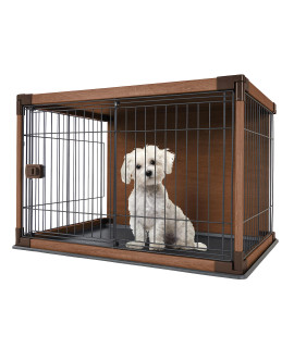 IRIS USA Furniture-Style Wooden Enclosed Pet Crate for Small Medium Dog, Dark Brown