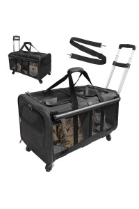 GJEASE Cat Rolling Carrier for 2 Cats,Double-Compartment Pet Rolling Carrier with Wheels for 2 Pets,for Up to 35 LBS,Super Ventilated Design,Ideal for Traveling/Hiking/Camping
