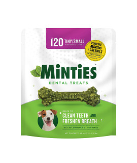 Minties Dental Chews for Dogs, Vet-Recommended Mint-Flavored Dental Treats for Tiny/Small Dogs 5-39 lbs, Dental Bones Clean Teeth, Fight Bad Breath, and Removes Plaque and Tartar, 120 Count