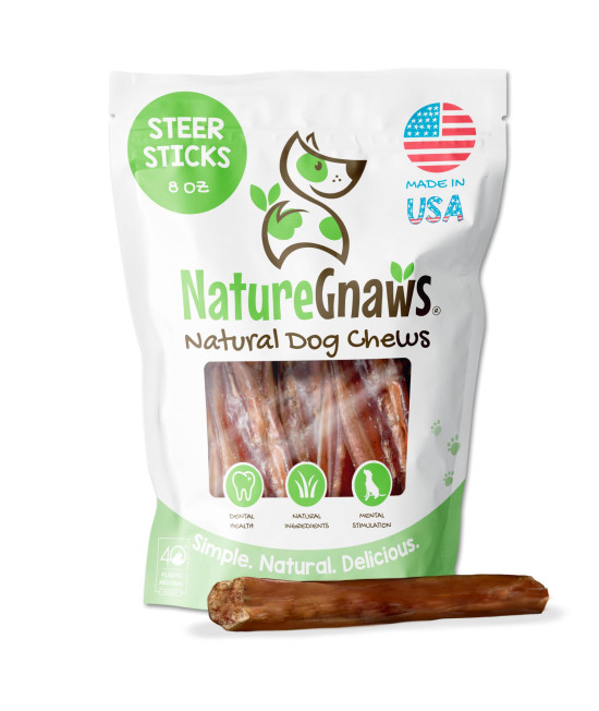 Nature Gnaws Steer Sticks - Bully Sticks for Dogs - Great for Small, Medium and Large Dogs - Made in USA, Single Ingredient - Natural Long Lasting Chew Sticks - Rawhide Free Bully Bones - 8oz
