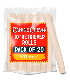 Canine Chews 10 Dog Rawhide Retriever Rolls - Rawhide Bones for Large Dogs (20 Pack) - 100% USA-Sourced Natural Beef Dog Rawhide Chews - Single Ingredient Dog Rawhide Bones - Healthy Dog Dental Chew