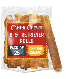Canine Chews 8-9 Chicken Coated Dog Rawhide Retriever Rolls (25 Pack) - Chicken Rawhide Bones for Large Dogs - 100% USA-Sourced Chicken Coated Dog Rawhide Chews - Healthy Dog Dental Chew Rawhides