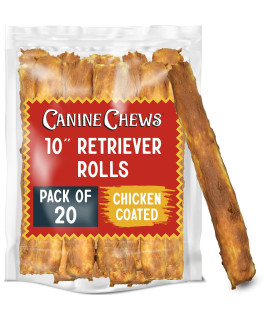 Canine Chews 10 Chicken Coated Dog Rawhide Retriever Rolls - Chicken Rawhide Bones for Large Dogs (20 Pack) - 100% USA-Sourced Chicken Coated Dog Rawhide Chews - Healthy Dog Dental Chew Rawhides