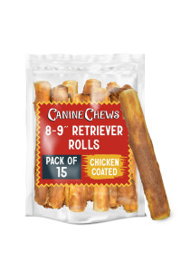 Canine Chews 8-9 Chicken Coated Dog Rawhide Retriever Rolls (15 Pack) - Chicken Rawhide Bones for Large Dogs - 100% USA-Sourced Chicken Coated Dog Rawhide Chews - Healthy Dog Dental Chew Rawhides