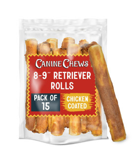 Canine Chews 8-9 Chicken Coated Dog Rawhide Retriever Rolls (15 Pack) - Chicken Rawhide Bones for Large Dogs - 100% USA-Sourced Chicken Coated Dog Rawhide Chews - Healthy Dog Dental Chew Rawhides