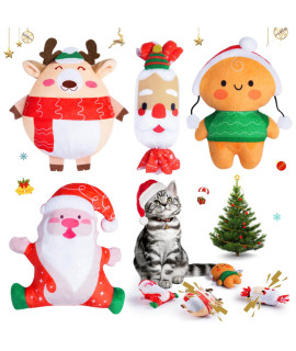 YHomU Cat Catnip Toys Christmas Cat Chew Toy Bite Resistant Catnip Toys of 4 Xmas Deer Snowman Santa Gingerbread Catnip Filled Teething Chew Toys Pet Gift for Kitten Cats