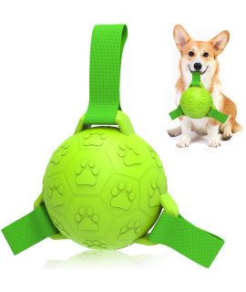 QDAN Dog Toys Socccer Balls with Straps, Interactive Durable Rubber Water Chew Toys for Training Herding Balls Indoor Outdoor, Birthday Gifts for Tug of War for Puppy Small Medium Dogs-Green