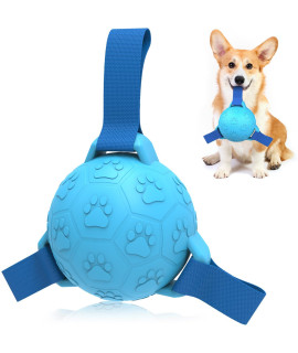 QDAN Dog Rubber Socccer Balls with Straps, Interactive Durable Water Chew Toys for Training Teeth Cleaning Herding Balls Indoor Outdoor, Birthday Gifts for Tug of War for Puppy Small Medium Dogs-Blue
