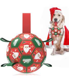 QDAN Christmas Dog Toys Soccer Ball with Straps, Outdoor Interactive Dog Toys for Tug of War, Puppy Birthday Gifts, Dog Tug Toy, Dog Water Toy, Durable Dog Balls for Medium & Large Dogs(8 Inch)