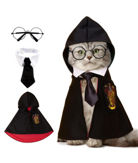 Dog Cat Costume Cape, Christmas Halloween Pet Wizard Apparels Cosplay Costume Set Soft Hoodies with Glasses Neckties (Medium, Red)