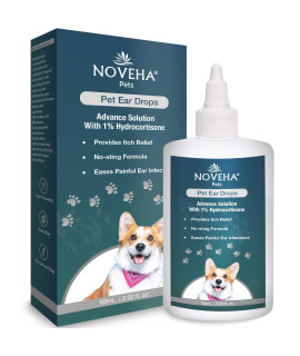 NOVEHA Pet Ear Drops with 1% Hydrocortisone Ear Cleaner for Dogs & Cats for Earwax buildup, Acute & Persistent Soreness - No-Sting Formula, Calms Itch & Reduces Painful Ear Infections 60mL