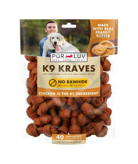 Pur Luv K9 Kraves Rawhide Free Bone Dog Treats, Peanut Butter Flavor, Made with Real Peanut Butter and Chicken, Healthy, Easily Digestible, Long Lasting, and High Protein Dog Treat, 40 Count