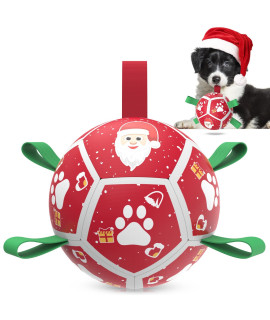 QDAN Christmas Dog Toys Soccer Ball with Straps, Outdoor Interactive Dog Toys for Tug of War, Puppy Birthday Gifts, Dog Tug Toy, Dog Water Toy, Durable Dog Balls for Small Dogs(5 Inch)