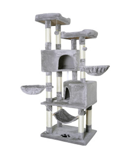 NEGTTE Large Cat Tree,67inch Tall Cat Tower with Scratching Posts,2Perches,2Caves,2Baskets,Hammock,Multi-Level Cat Condo for Cats Indoor (XL, Light Grey)