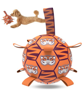 QDAN Dog Toys Soccer Ball with Straps, Interactive Dog Toys for Tug of War, Puppy Birthday Gifts, Dog Tug Toy, Dog Water Toy, Durable Dog Balls for Small & Medium Dog - Tiger(6 Inch)