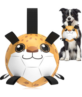 QDAN Dog Toys Soccer Ball with Straps, Interactive Dog Toys for Tug of War, Puppy Birthday Gifts, Dog Tug Toy, Dog Water Toy, Durable Dog Balls for Medium & Large Dog - Leopard(8 Inch)
