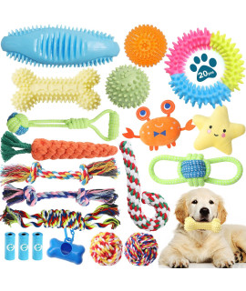 Dog Chew Toys 20 Pack, Puppy Chew Toys for Teething, Pet Dog Toothbrush Chew Toys for Puppy, Indestructible Pet Interactive Tug of War Squeaky Rope Toys for Puppies Small Medium Breed Chewers