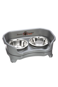 Neater Feeder Express Elevated Pet Bowls by Neater Pets, Mess-Proof Bowl Stand Contains Spills, Raised Feeder w/Stainless Steel Water & Slow Feed Bowl Improves Digestion (Cat & Small Dog, Gunmetal)