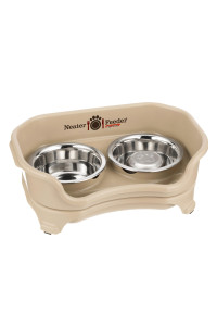 Neater Feeder Express Elevated Pet Bowls by Neater Pets, Mess-Proof Bowl Stand Contains Spills, Raised Feeder w/Stainless Steel Water & Slow Feed Bowl Improves Digestion (Cat & Small Dog, Almond)