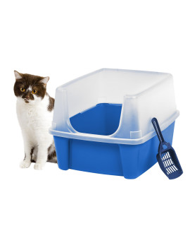 IRIS USA Open Top Cat Litter Box with Shield and Scoop, Blue