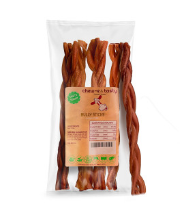 chew-e&tasty 12 Inch Large Braided Odor Free Bully Sticks for Dogs (5 Sticks) - Long Lasting Beef Chews - Made of Digestible High Protein & Low Fats Dog Bully Sticks for Medium to Large Dogs