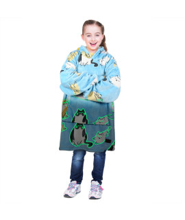 Catalonia Glow in the Dark Blanket Hoodie for Kids, Cat Print Oversized Wearable Fleece Blanket Sweatshirt with Large Front Pocket, Teen Boys Girls Gift