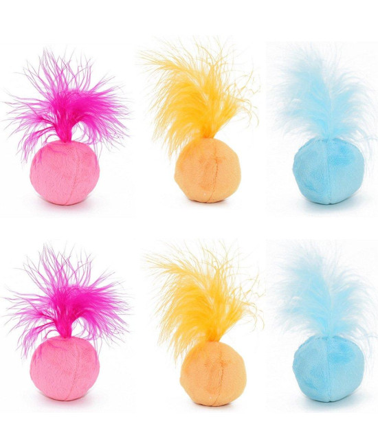 PETFAVORITES Furry Rattle Ball Cat Toy with Feather and Catnip - Interactive Pom Pom Balls for Cats, Soft and Lightweight, 2 Inch, 6 Pack.