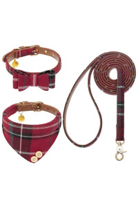 EXPAWLORER Dog Collar and Leash Set - Classic Plaid Dog Bow Tie and Dog Bandana Collar with Bell, Dog Leash Tangle Free, Adjustable Collars for Small Medium Large Dogs Cats, Holiday Ideal Gift