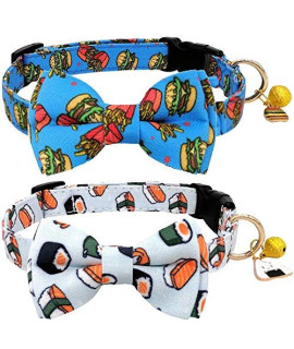 KUDES 2 Pack Print Dog Collars with Bow Tie, Adjustable Dog Collar with Bells and Charm Safety Buckle Cute Pet Collars for Small/Medium/Large Dogs and Cats Boys Girls (Hamburger+Sushi, M(12-18))