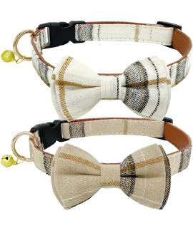 KUDES Plaid Dog Collar with Bow, 2 Pack/Set Adjustable Cute Dog Bow Tie Collars with Bell, Best Pet Gift for Small Medium Large Boy Male Dogs, Beige & Brown (M(11.8''-17.8''), Beige & Brown)