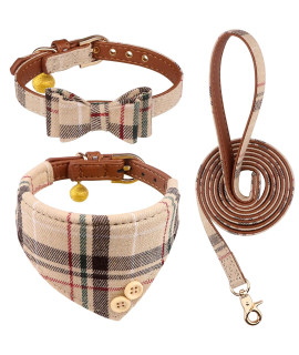 3 PCS Dog Collars for Small Puppy Collar and Leash Set, Bow Tie with Bell, Bandana Leather for Small Dogs Puppies and Cats(Beige)