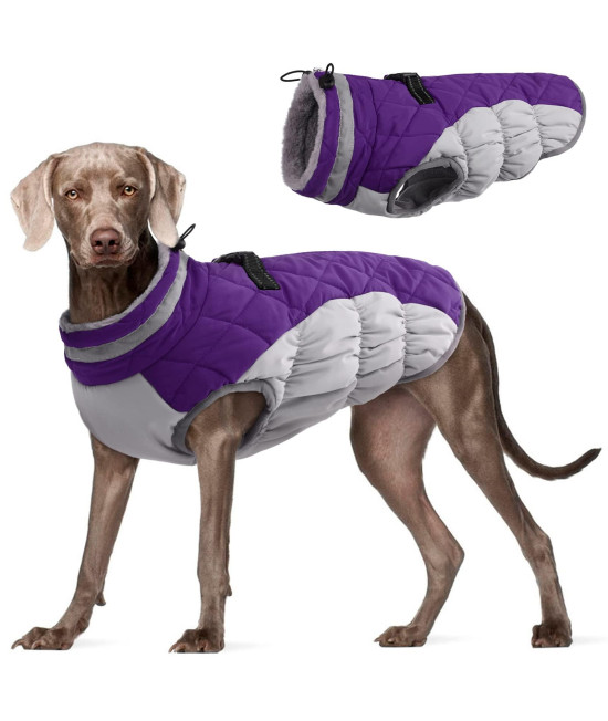 FUAMEY Dog Coat,Warm Dog Jacket Winter Coat Paded Dog Fleece Vest Reflective Dog Cold Weather Coats with Built in Harness Waterproof Windproof Dog Snow Jacket Clothes with Zipper Purple XX-Large