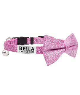 LaReine Personalized Breakaway Cat Collar with Bell & Bow Tie, Stainless Steel Slide-on Pet ID Tag Engraved with Name & Phone Numbers, (Customized - 7-11 Neck, Bling Pink)