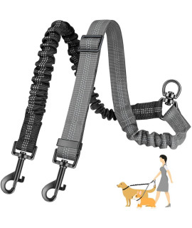 AUTOWT Two Dog Lead, 2 in 1 Upgraded Double Dog Leash Attachment Combine Adjustable Strap and Shock Absorbing Bungee No Tangle Dual Training Splitter for Medium Large Dogs (Black & Grey)