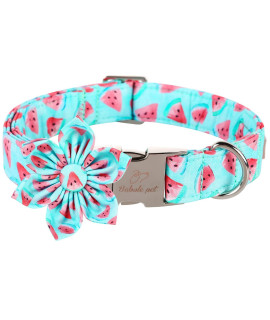 Babole Pet Dog Collar with Blue Watermelon Flower Tie,Cotton Dog Collar with Safety Metal Buckle Adjustable Puppy Collars for Small Medium Large Boy&Girl Dog,X-Small,Neck 8-12