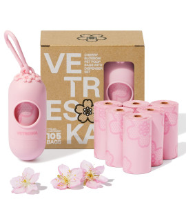 VETRESKA Dog Poop Bag Dispenser with Cherry Blossom Scented Bags, Leak Proof, Extra Thick Waste 1 Count Holder and 105 Bags for Walking Cats Litter, Pink