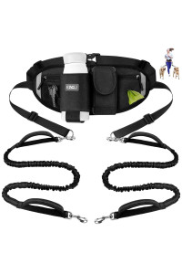 ETACCU Hands Free Dog Leash for 2 Dogs with Dual Heavy-Duty Traffic Handle, Retractable Dog Walking Belt, Adjustable Dog Running Waist Belt with Pouch, Reflective Stitches Leash for Jogging Black