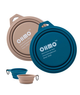 OHMO Collapsible Dog Bowl(2 Pack, 12oz/400ml, Peacock Blue&Beige) Premium Silicone Pet Water Bowls for Cats & Dogs, Portable Dog Travel Bowls Foldable for Outdoor Camping Hiking