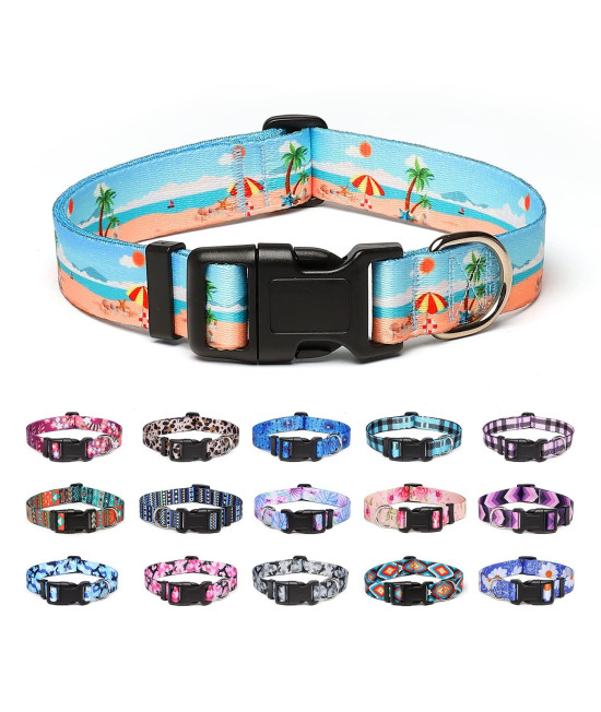 Suredoo Adjustable Dog Collar with Patterns, Ultra Comfy Soft Nylon Breathable Pet Collar for Small Medium Large Dogs (M, Summer Beach)