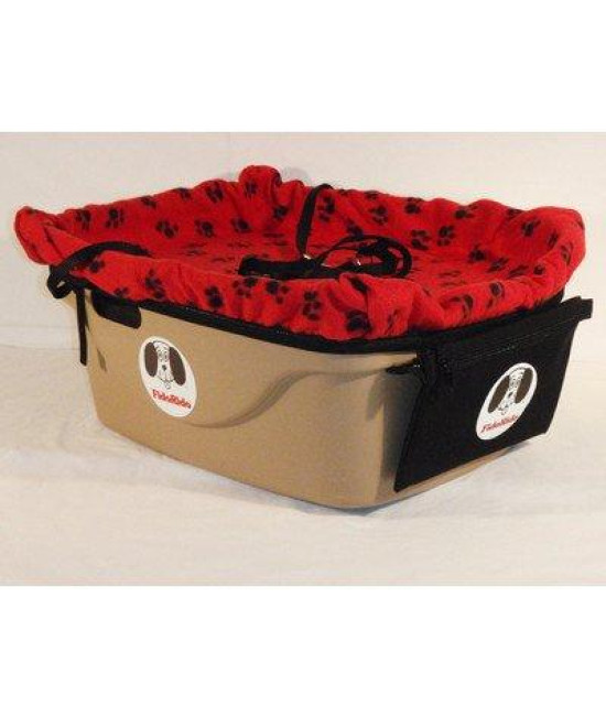 FidoRido tan one-seater with light-weight fleece in white with black paw prints and small harness