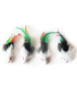 Iconic Pet - Two-Tone Long Hair Fur Mice With Feather Tail - 4 Pack - Assorted