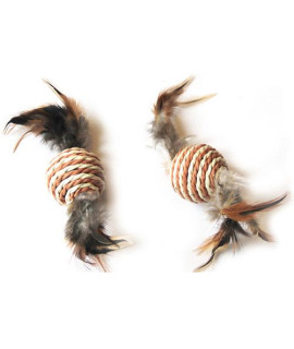 Iconic Pet - Paper Rope Ball With Feather Tail - 2 Pack - Assorted