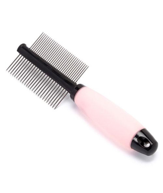 Iconic Pet - Double Sided Pin comb with Silica Gel Soft Handle - Pink