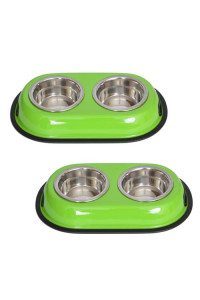 (Set of 2) - Color Splash Stainless Steel Double Diner (Green) for Dog/Cat - 1 Pt - 16 oz - 2 cup