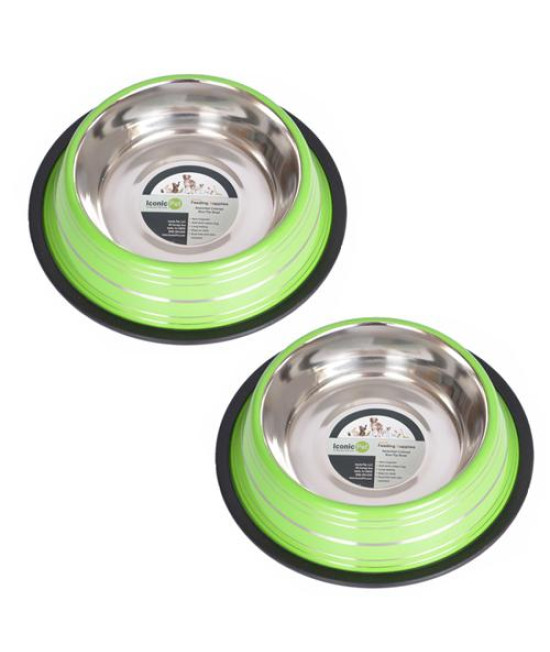 (Set of 2) - Color Splash Stripe Non-Skid Pet Bowl for Dog or Cat - Green - 16 oz - 2 cup
