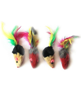 6 Pack Two-tone short hair fur mice with feather tail - Assorted - 24 Pieces