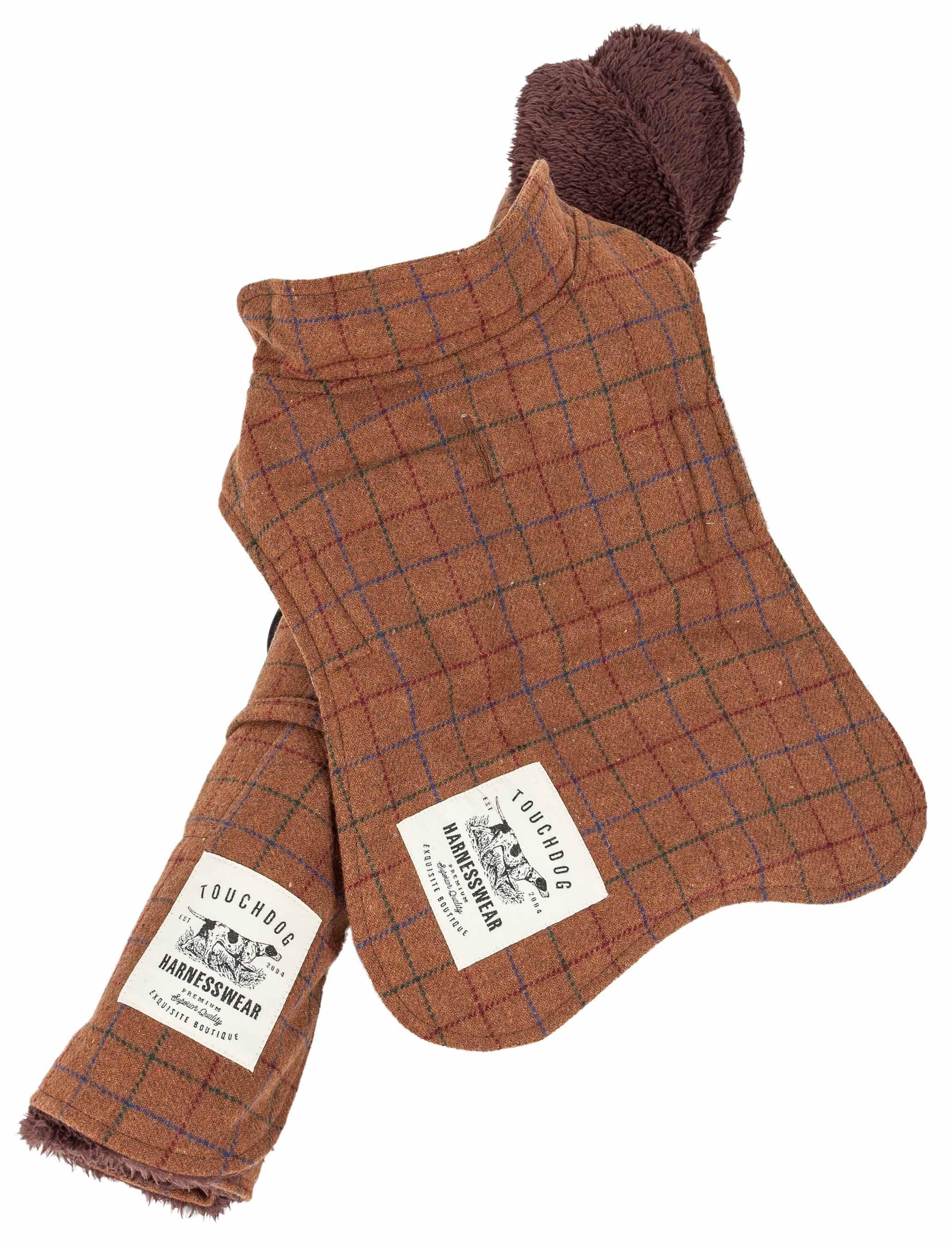 Touchdog 2-In-1 Windowpane Plaided Dog Jacket With Matching Reversible Dog Mat, Brown Plaid - X-Small