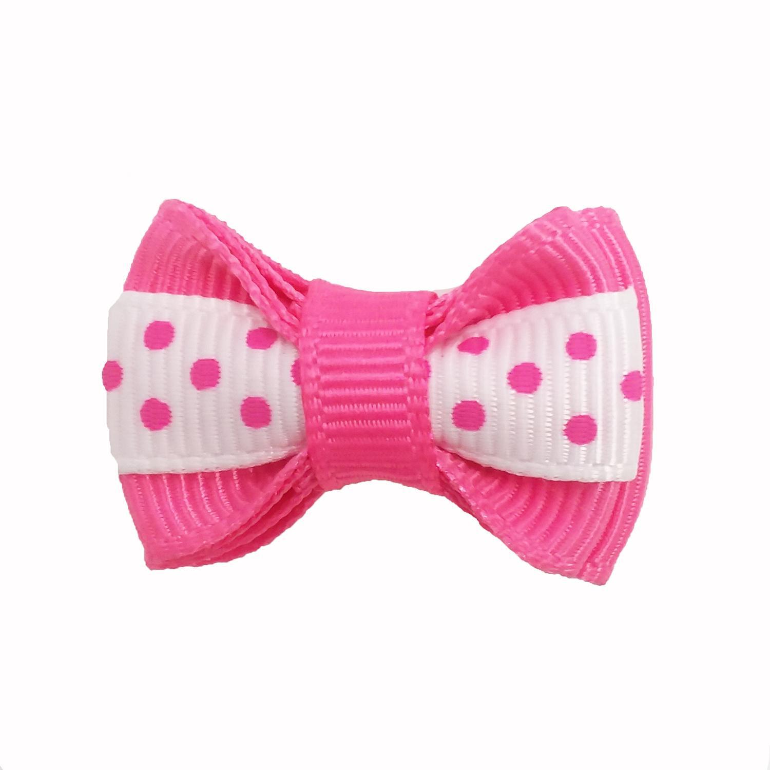 Polka Dot Stripe Dog Bow with Alligator Clip - Hot Pink