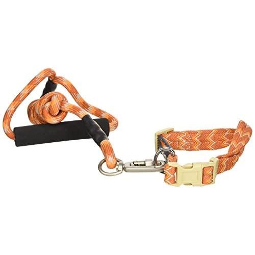 DOGHELIOS Dura-Tough Easy Tension 3M Reflective Adjustable Multi-swivel Pet Dog Leash and Collar, Medium, Orange